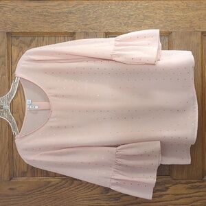 Elle Ruffle Bell-Sleeve Round Neck Pink Gold Polka Dot Blouse Small